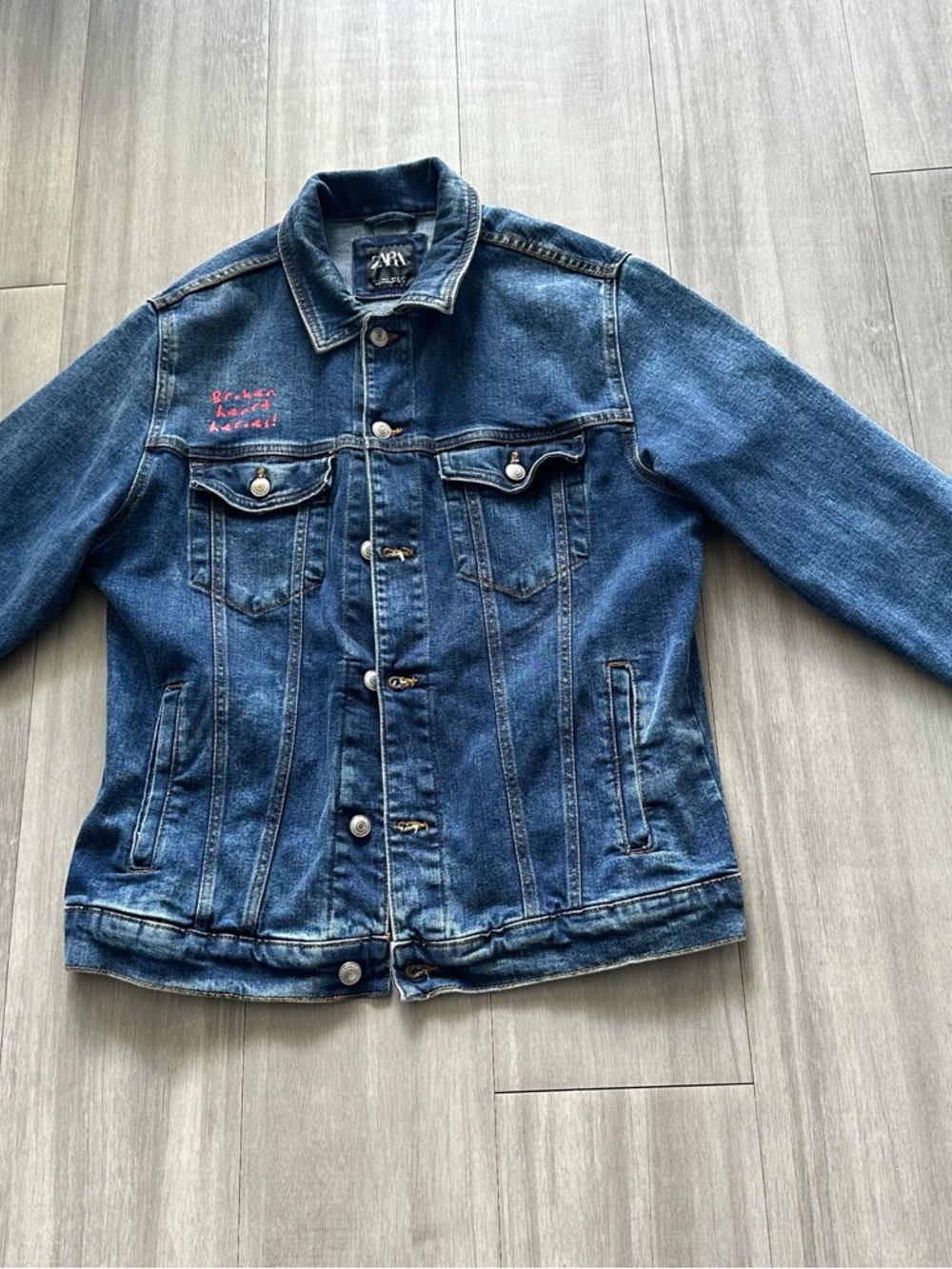 Zara Blue Denim Jacket with Red Heart Graphic and Purple Accent (LARGE) - Picture 8 of 15